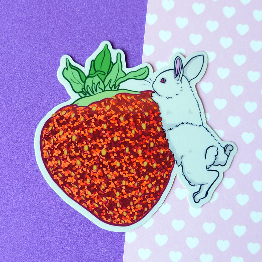 Jordgubb och kanin glitterklistermärke